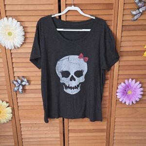 Black Skull Tee with Red Bow Graphic